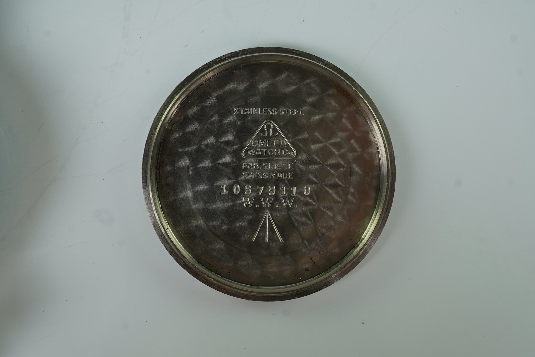 A gentleman's stainless steel Omega W.W.W. British Military 'Dirty Dozen' manual wind wrist watch, circa 1945